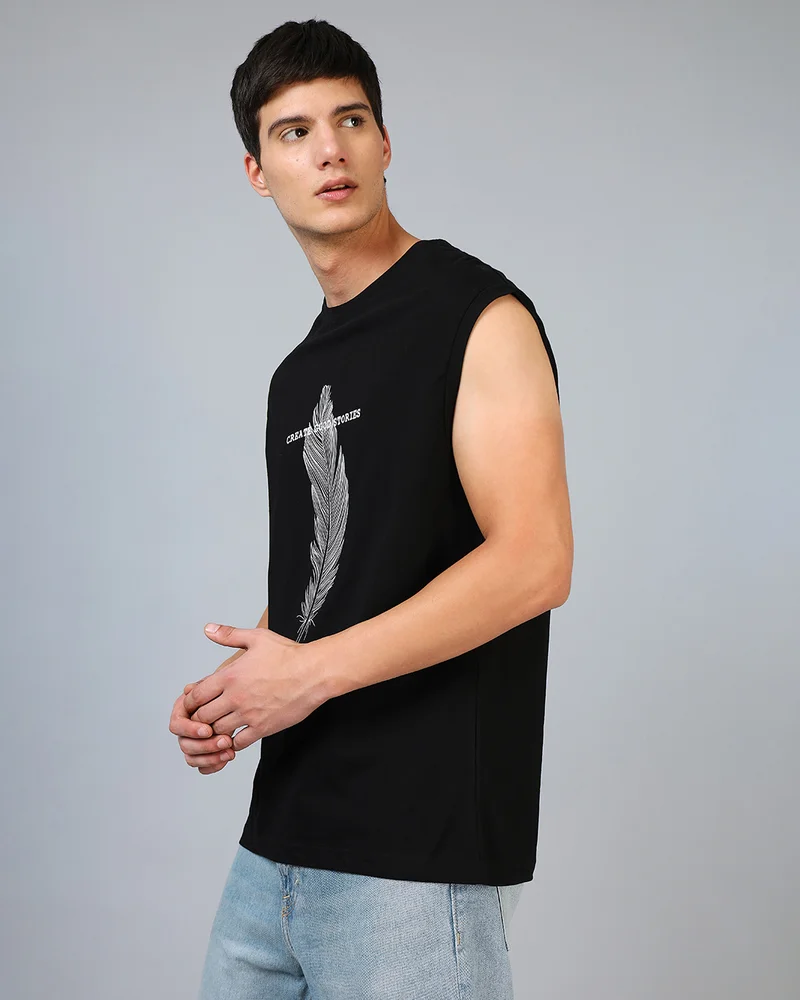 bewakoof Men's Black Create Good Stories Typography Super Loose Fit Vest